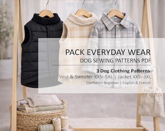 May include: Three dog clothing patterns hang on a wooden rack. The patterns include a black quilted vest, a beige sweater vest, and a gray plaid jacket. The text on the image reads "PACK EVERYDAY WEAR DOG SEWING PATTERNS PDF".