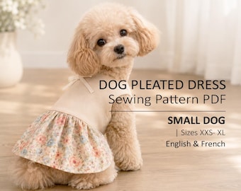 Könnte beinhalten: Ein hellbeiges Hundekleid mit einem floralen Faltenrock in Rosa und Blau. Das Kleid hat eine kleine Schleife am Ausschnitt. Der Text lautet: DOG PLEATED DRESS Sewing Pattern PDF, SMALL DOG, Sizes XXS- XL, English & French.