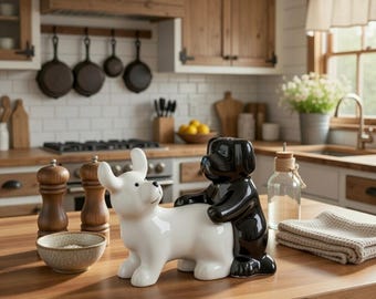 Salero y pimentero de cerámica con forma de perro, divertido diseño de cachorro blanco y negro, ideal como regalo de decoración de cocina.