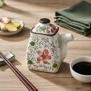 Hand-Painted Floral Ceramic Teapot Soy Sauce Dispenser, Retro Oil Pot Cruet