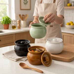 Small Ceramic Stew Pot with Lid, 400ml Individual Cooking Bowl, Microwave Safe