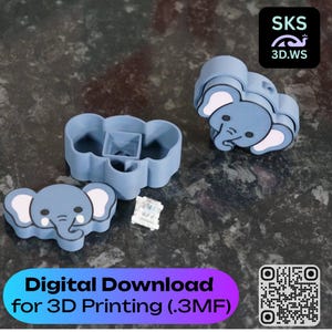 May include: Three light blue elephant-shaped 3D printed objects. One is a cookie cutter, and two are finished elephant figures. The image includes the text "Digital Download for 3D Printing (.3MF)" and a QR code.
