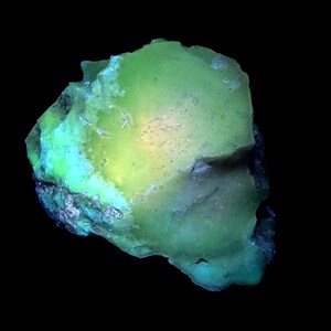 Puede incluir: Un espécimen mineral en bruto e irregular que exhibe una vibrante fluorescencia de color verde lima. La superficie presenta una mezcla de áreas lisas y translúcidas con bordes rugosos y texturizados, con un centro amarillo-verde brillante.