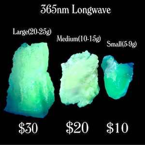 May include: Three luminous green mineral specimens are shown against a black backdrop. The text "365nm Longwave" is at the top. Sizes are labelled: Large (20-25g), Medium (10-15g), and Small (5-9g).