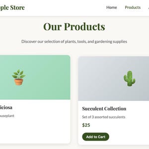 Può includere: Sito web che presenta prodotti vegetali, tra cui una Monstera Deliciosa in vaso di terracotta e una collezione di piante grasse. Green Apple Store offre piante, attrezzi e forniture per il giardinaggio.