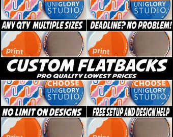 Puede incluir: Botones planos personalizados con un diseño geométrico colorido. Los botones están disponibles en varios tamaños y se pueden imprimir con cualquier diseño. El texto en los botones dice "Elige Unigglory Studio".