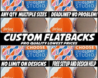 Puede incluir: Botones planos personalizados con un diseño geométrico colorido. Los botones están disponibles en varios tamaños y se pueden imprimir con cualquier diseño. El texto en los botones dice "Elige Unigglory Studio".