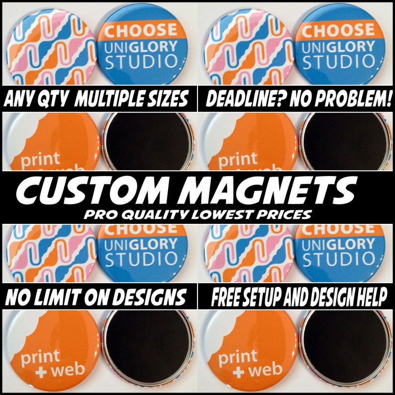 Puede incluir: Imanes personalizados con una variedad de dise&ntilde;os, incluyendo un patr&oacute;n geom&eacute;trico azul y naranja. Los imanes est&aacute;n disponibles en varios tama&ntilde;os y cantidades. El texto "Choose Unigglory Studio" est&aacute; impreso en los imanes. El texto "Any Qty Multiple Sizes" y "Deadline? No Problem!" est&aacute; impreso debajo de los imanes. El texto "Custom Magnets" est&aacute; impreso en letras grandes sobre los imanes. El texto "Pro Quality Lowest Prices" est&aacute; impreso debajo de los imanes. El texto "No Limit on Designs" y "Free Setup and Design Help" est&aacute; impreso debajo de los imanes. El texto "Print + Web" est&aacute; impreso en los imanes.