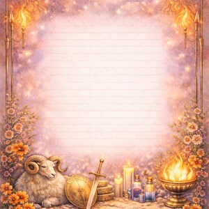 Könnte beinhalten: Briefpapier im Widder-Thema mit himmlischem Design. Das Bild zeigt einen Widder, ein Schwert, einen Schild, Kerzen und eine brennende Feuerschale. Der Hintergrund ist ein weiches Rosa und Lila mit einem goldenen Rand und dem Widder-Symbol.