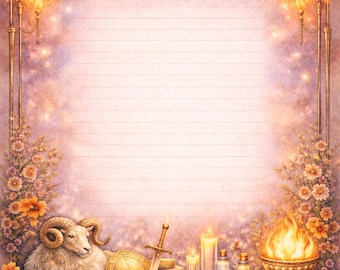 Könnte beinhalten: Briefpapier im Widder-Thema mit himmlischem Design. Das Bild zeigt einen Widder, ein Schwert, einen Schild, Kerzen und eine brennende Feuerschale. Der Hintergrund ist ein weiches Rosa und Lila mit einem goldenen Rand und dem Widder-Symbol.