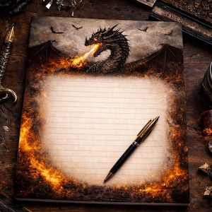 May include: Lined notebook with a dragon illustration breathing fire, a pen, and a sword on a wooden surface. The dragon is black with orange flames. The pen has a gold and black design.