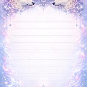 May include: Lined stationery with a fantasy theme. Two wolves face each other above the lined paper, with a crescent moon and decorative filigree. The border has a swirling design with stars and a soft color palette of pink, purple, and blue.