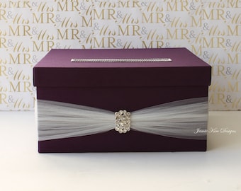 Card Holder for Wedding | Gift Card Holder | Bling Card Box | Rhinestone Card Box | Plum White Card Box | Custom Made