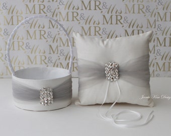 Flower Girl Basket and Ring Bearer Pillow Set I Flower Girl and Ring Bearer Set I Ring Pillow I White Silver Flower Girl Basket and Pillow