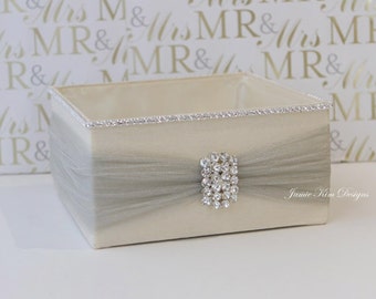 Hochzeitsprogramm-Kasten | Favor Halter | Seifenblasen Halter | Fächerhalter | Elfenbein-Silber-Program-Box mit Strassbesatz am Rand