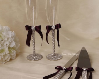 Wedding Champange Flutes | Toasting Flutes (set of 2) | Cake Cutter and Knife Set