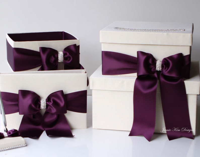 Wedding Card Box Holder Money Box Card Holder for Wedding Card Box with Slot Ivory Card and Plum Card Box image 5