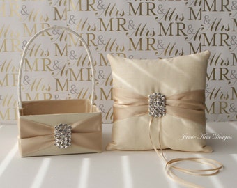 Flower Girl Basket and Ring Bearer Pillow Set I Flower Girl and Ring Bearer Set I Ring Pillow I Gold Flower Girl Basket and Pillow