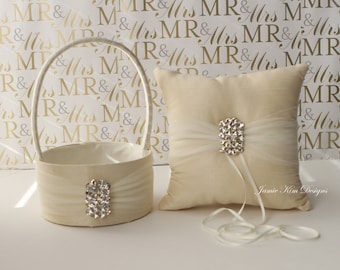 Flower Girl Basket and Ring Bearer Pillow Set I Flower Girl and Ring Bearer Set I Ring Pillow I Ivory Flower Girl Basket and Pillow