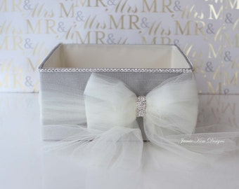 Wedding Program Box | Favor Holder | Bubbles Holder | Fan Holder | Custom Made Box | Grey Ivory Program Box with Rhinestone Trim