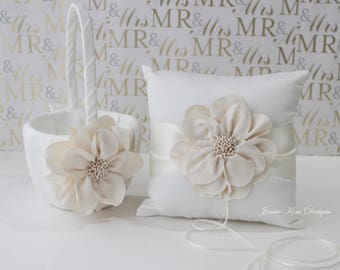 Ivory Flower Girl Basket and Ring Bearer Pillow Set | Flower Girl and Ring Bearer Set | Ring Pillow | Wedding Pillow | Flower Girl Basket