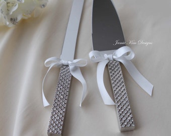 Wedding Cake Cutting and Serving Set with Rhinestones.