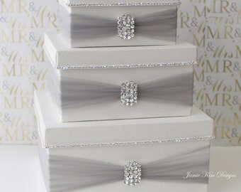 Caja para tarjetas de boda / Caja para tarjetas de boda / Caja para tarjetas con diamantes de imitación / Caja para tarjetas personalizada / Caja para tarjetas con brillo / Caja para tarjetas de lujo / Caja para tarjetas blanca y plateada