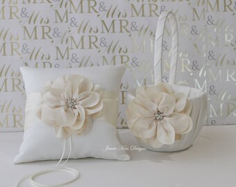 Ivory Flower Girl Basket and Ring Bearer Pillow Set I Flower Girl and Ring Bearer Set I Ring Pillow I Wedding Pillow I Ring Bearer