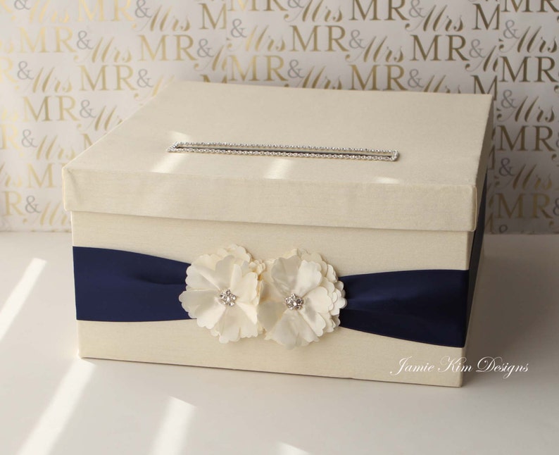 Wedding Card Box Card Box for Wedding Gift Card Holder Money Box Custom Card Box Ivory Navy Card Box image 1