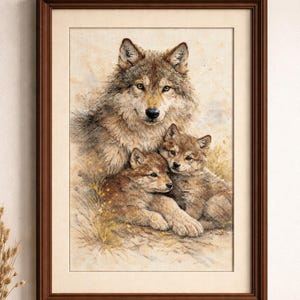 Könnte beinhalten: Gerahmtes Kunstwerk mit einer Wolfsfamilie. Das Bild zeigt einen großen Wolf und zwei Jungtiere. Das Kunstwerk befindet sich in einem braunen Holzrahmen und wird auf einem Holztisch ausgestellt.