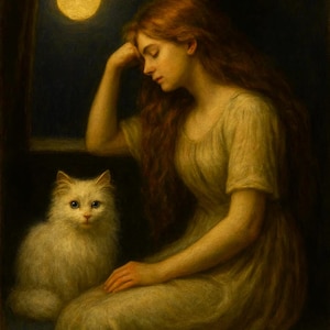Könnte beinhalten: Ein Ölgemälde zeigt eine Frau mit langen roten Haaren, die an einem Fenster sitzt und den Vollmond betrachtet. Eine flauschige weiße Katze sitzt neben ihr. Die Szene ist von weichem, warmem Licht durchflutet.