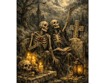 Può includere: Una stampa gotica raffigurante due scheletri in un cimitero sotto la luna piena. Uno scheletro tiene una rosa, l'altro un libro, con una croce e candele accese. Il testo "By the Cracked Teapot" è in basso.