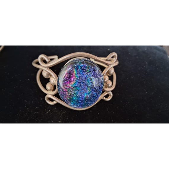 Taxco Mexico 925 Vintage Sterling Silver Dichroic Glass Cuff Bangle Bracelet