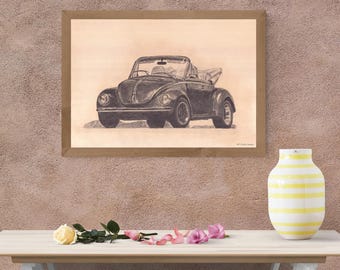 Vintage VW Käfer Cabrio Bleistift Zeichnung - Oldtimer Kunstdruck (Digitaler Download)