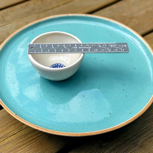 May include: A small, white ceramic bowl with a blue design inside sits on a large, turquoise plate. A ruler is placed across the bowl, showing measurements in centimetres. The plate has a brown rim and is on a wooden surface.