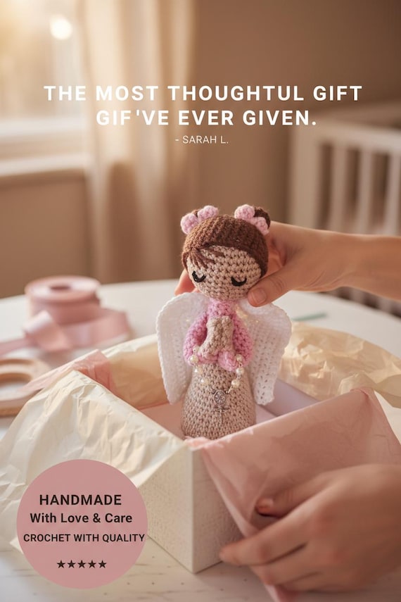Handmade Crochet Pink Angel Personalized  Ready for Gifting, 7" Cotton & Acrylic Yarn