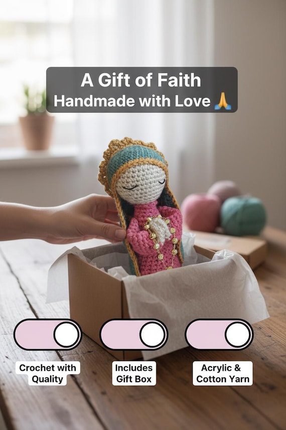 Handmade Crochet Virgin Mary Doll with Gold Rosary- 7" inches , Gift Boxed with Ribbon