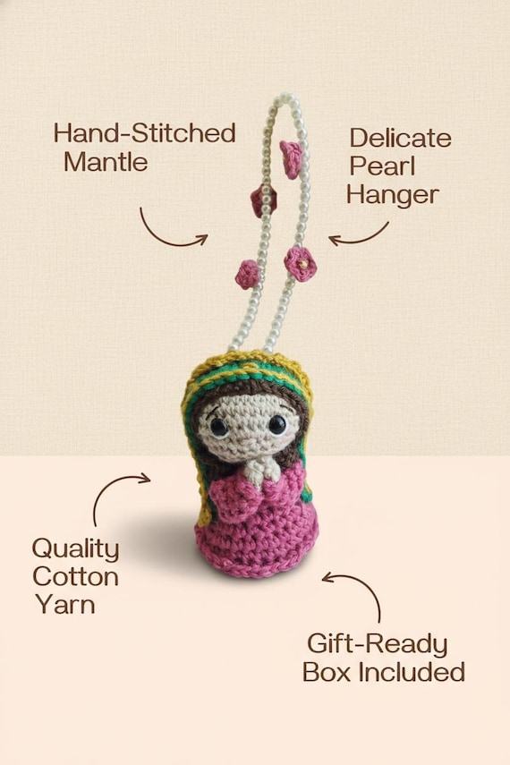 Handmade Virgin Crochet Car Charm in Gift Box - 4-Inch Acrylic Decoration