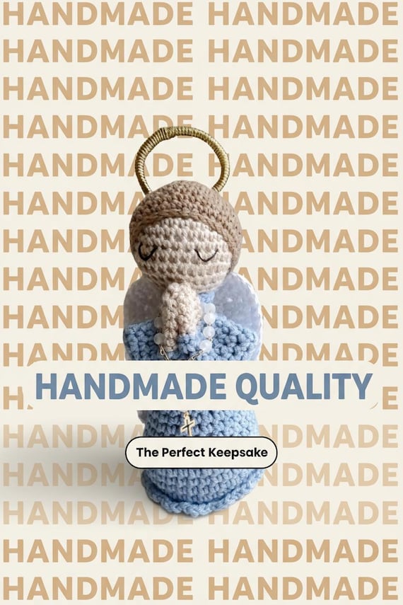 Handmade Crochet Little Blue Angel with White Rosary 7 inches