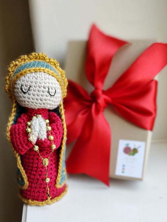 Handmade Crochet Red Virgin Personalized with Gold Rosary - Gift Boxed & Ready, 7 Inch