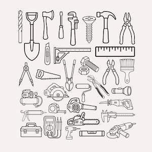 Op de afbeelding: Een verzameling zwart-wit lijntekeningen met diverse bouw- en werkplaatsgereedschappen, waaronder een schop, hamer, zaag, boormachine, meetlint, moersleutel, schroevendraaier, tang, verfkwast, kettingzaag en een gereedschapskist.