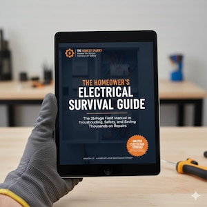 May include: A tablet displaying "The Homeowner's Electrical Survival Guide." The cover features text and a graphic of electrical components. The guide promises to help with troubleshooting, safety, and saving on repairs. The tablet is held by a person wearing a gray glove.