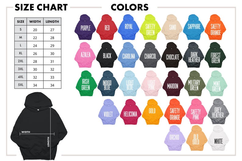 May include: A size chart and color guide for hoodies. The chart lists sizes S through 5XL with width and length measurements in inches. A grid displays hoodies in various colors including purple, red, royal, safety green, sand, and black.