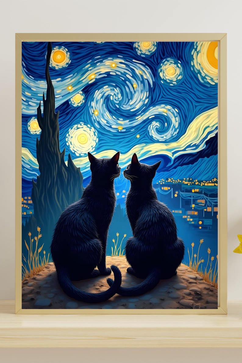 Black Cats Under a Starry Night Sky – Whimsical Van Gogh Printable Wall ...