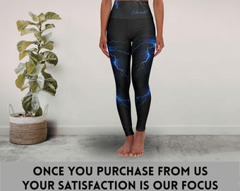 Personalized Blue Lightning Pattern High Waisted Yoga Leggings | Storm Electric Print Activewear, Customized Fitness Gym Member Best Friend