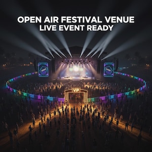 Puede incluir: Un recinto de festival al aire libre por la noche, listo para un evento en vivo. El escenario está iluminado con focos, y una multitud de personas se reúne frente a él. Se ve una entrada VIP, y una pantalla de luces coloridas rodea el lugar.