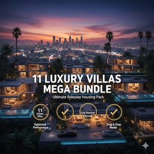 May include: An image of a mega bundle of 11 luxury villas. The image shows modern villas with pools, palm trees, and a city skyline at sunset. Text on the image includes "11 Luxury Villas Mega Bundle" and details about the product.