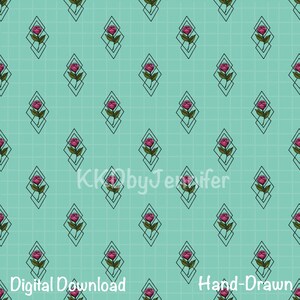 Könnte beinhalten: Ein sich wiederholendes Muster aus rosa Rosen in schwarzen geometrischen Rauten auf helltürkisfarbenem Hintergrund. Die Wörter "Digitaler Download" und "Handgezeichnet" stehen am unteren Bildrand. Das Muster befindet sich auf einem Raster.