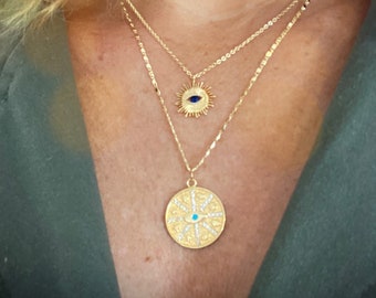 Midcentury Evil Eye Necklace with Blue CZ, Celestial Evil Eye, Night Sky Jewelry 18k Gold Plated, Good Luck Pendant, Talisman, Protection