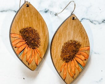 Gorgeous Sunflower Hand Painted Lightweight Wood Earrings